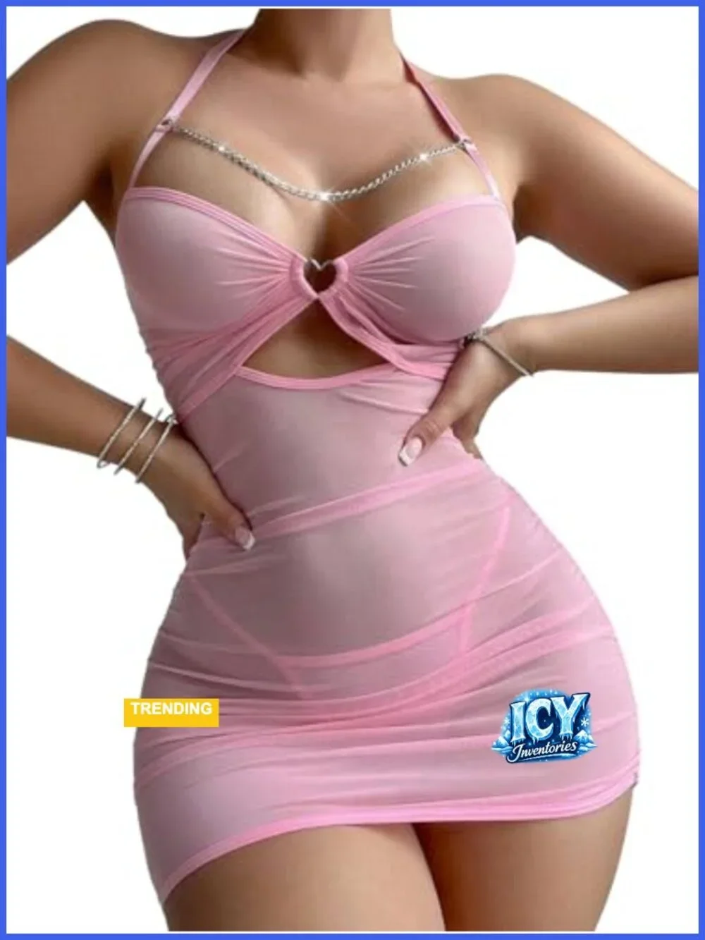 Sheer Mesh Lingerie Dress with Chain Detail and Matching Thong, S-3XL
